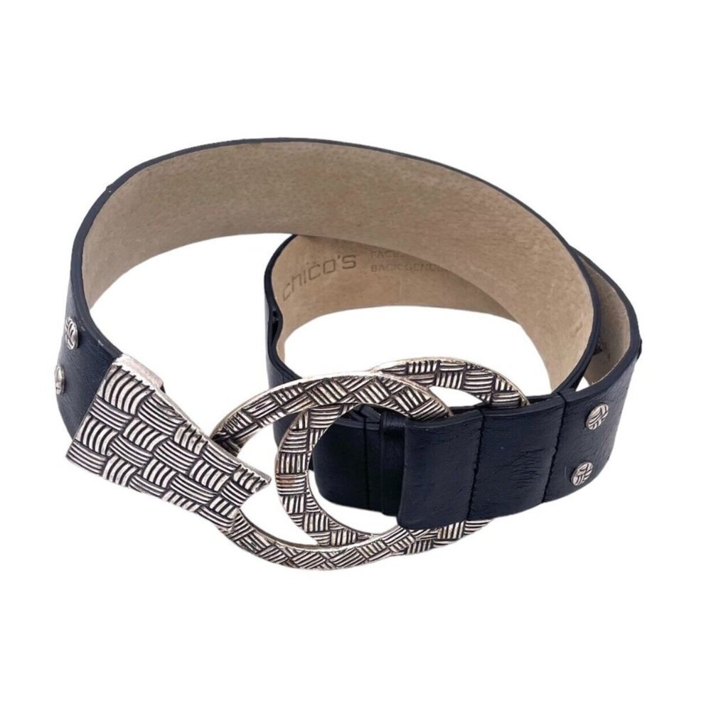 Chico's Women Textured Silver Tone Round Buckle Clasp Belt Black Small Medium